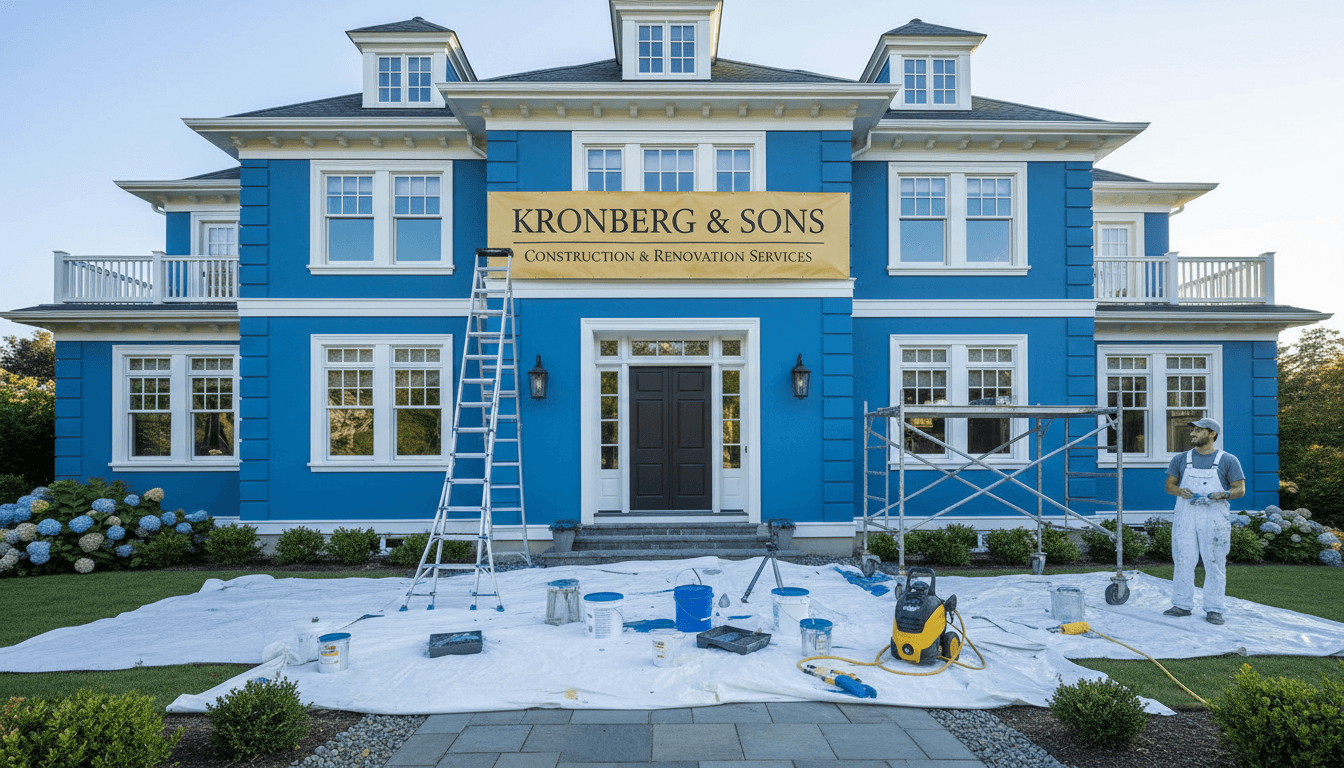 Freshly painted house facade with ladder and painting equipment