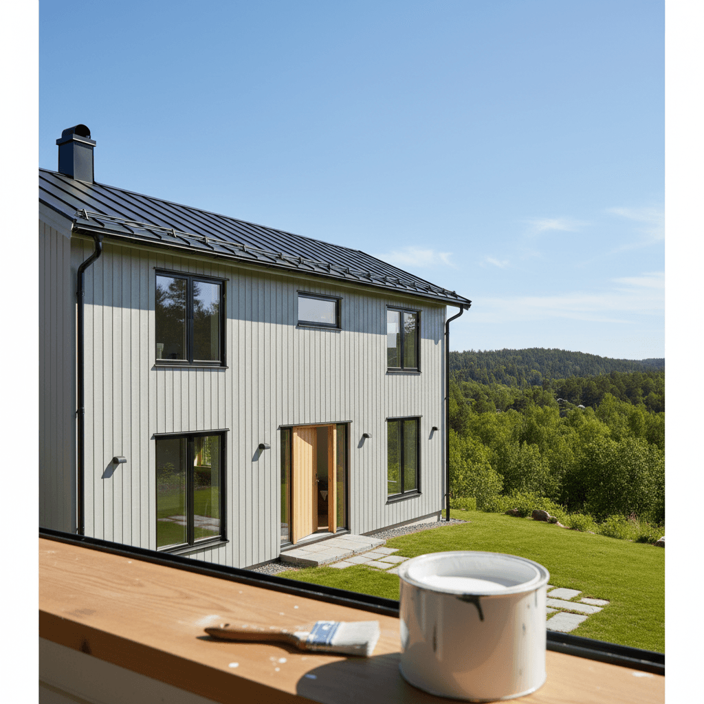 A wide shot of a freshly painted house facade with a paintbrush resting in the foreground, showing completed work.