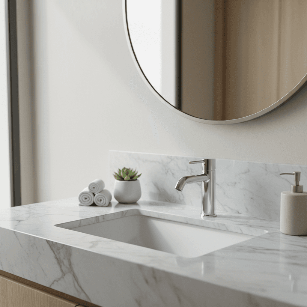 Bathroom renovation with new fixtures and stone countertop