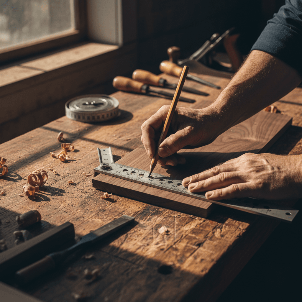 Contractor's hands holding a carpenter's pencil and tape measure on a wooden workbench