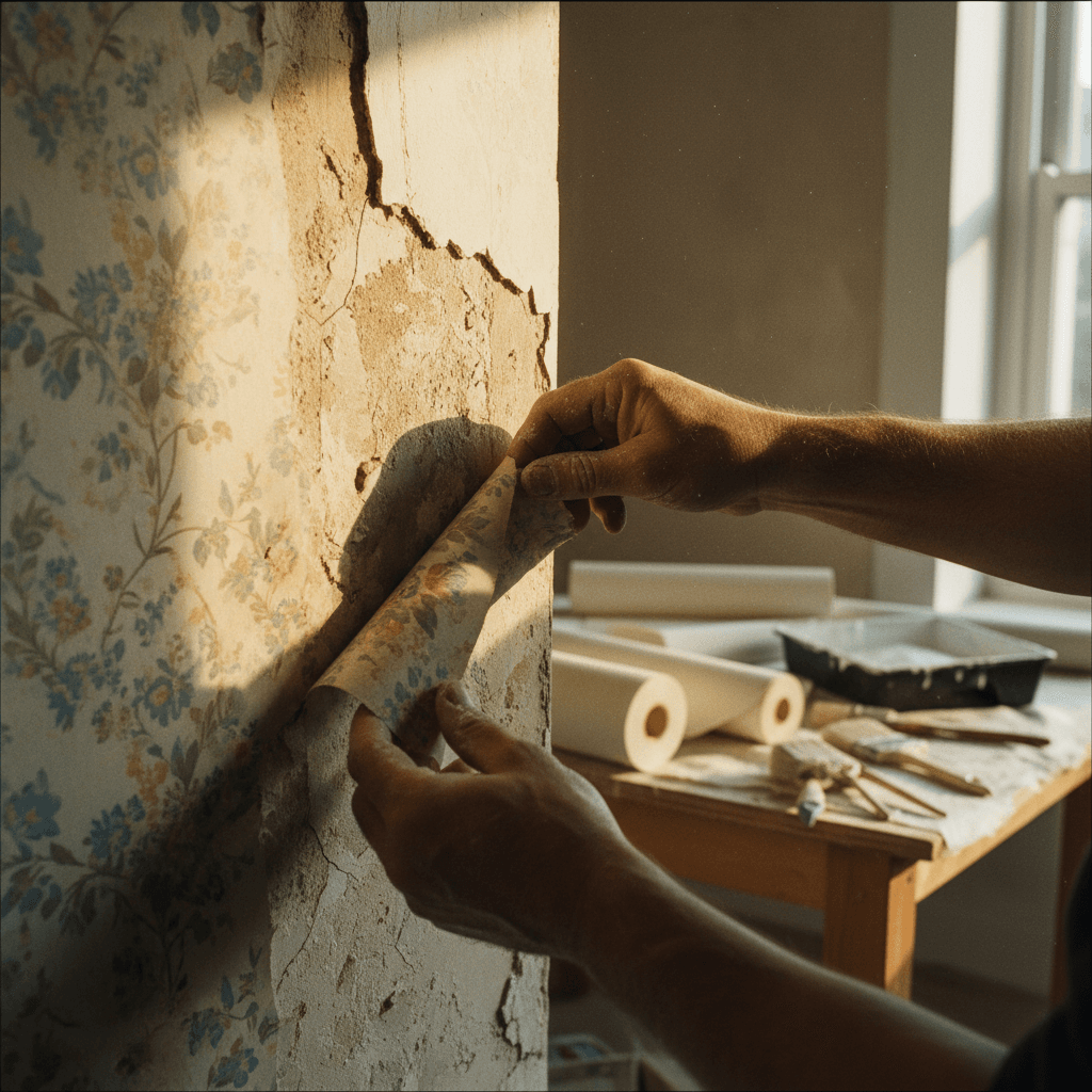 Bedroom renovation with wall repair and plastering in progress