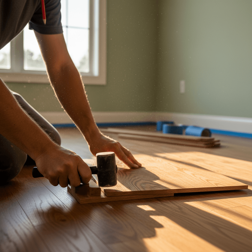 Detail of new baseboard trim with perfect mitered corner