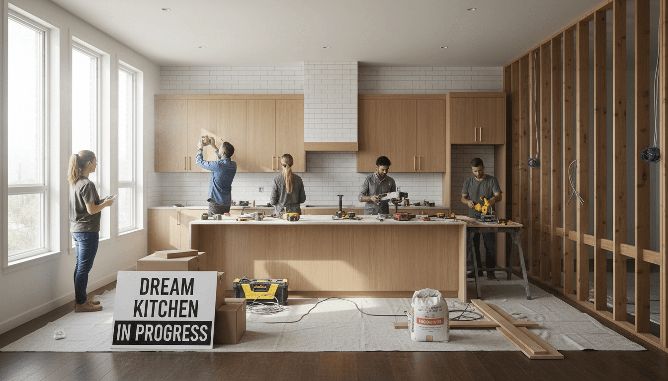 Kitchen renovation with exposed walls and new cabinet installation