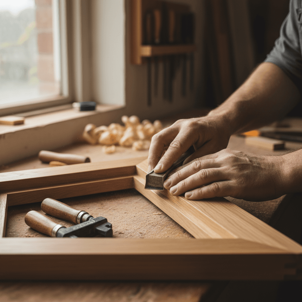 Carpenter's hands working on a wooden window frame