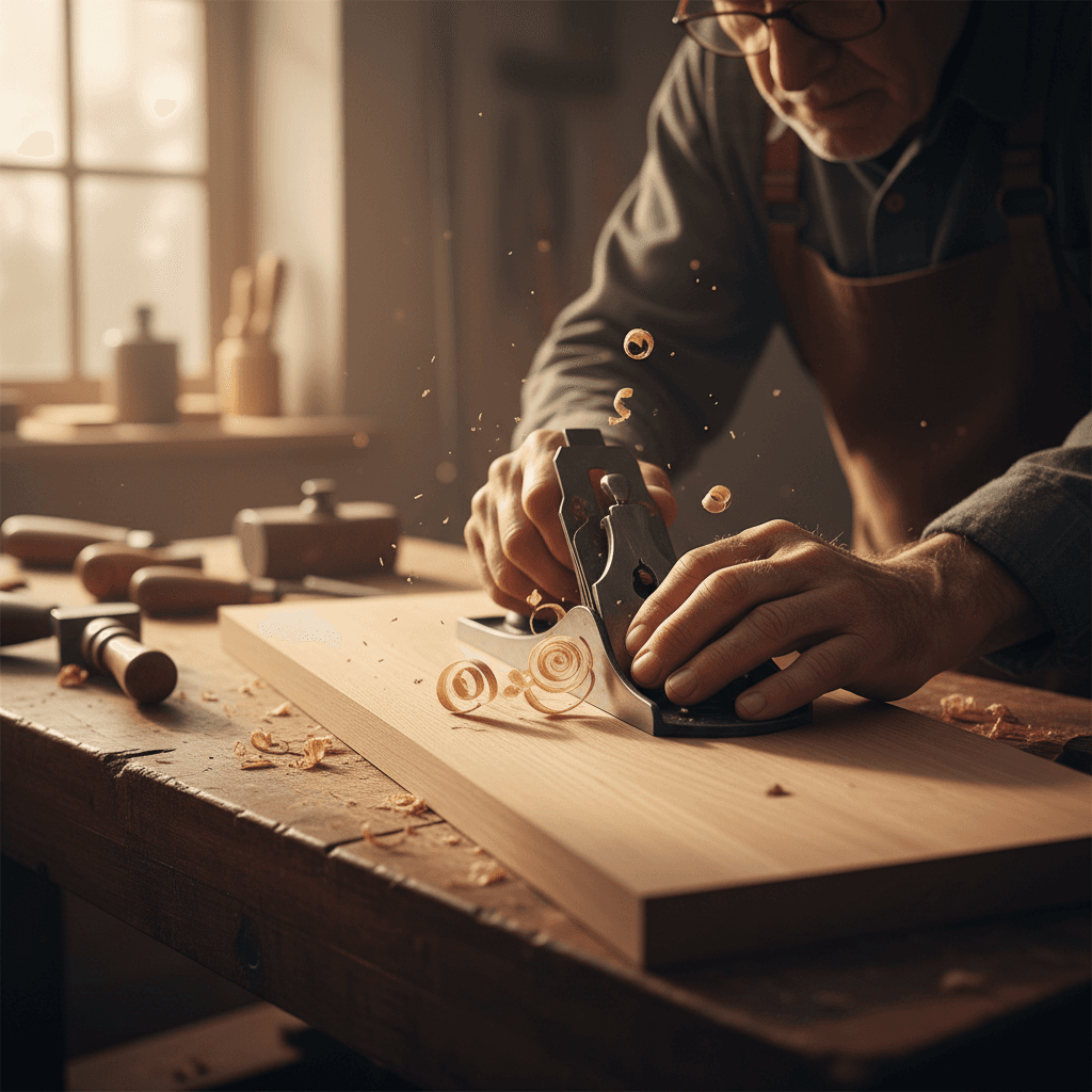 Close-up of woodworking tools on a workbench
